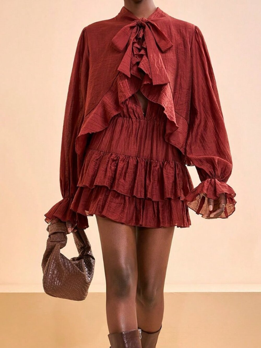Rust Brown Boho Women's Mini Dress with Sleeves and Ruffle Details - Picture 1 of 6